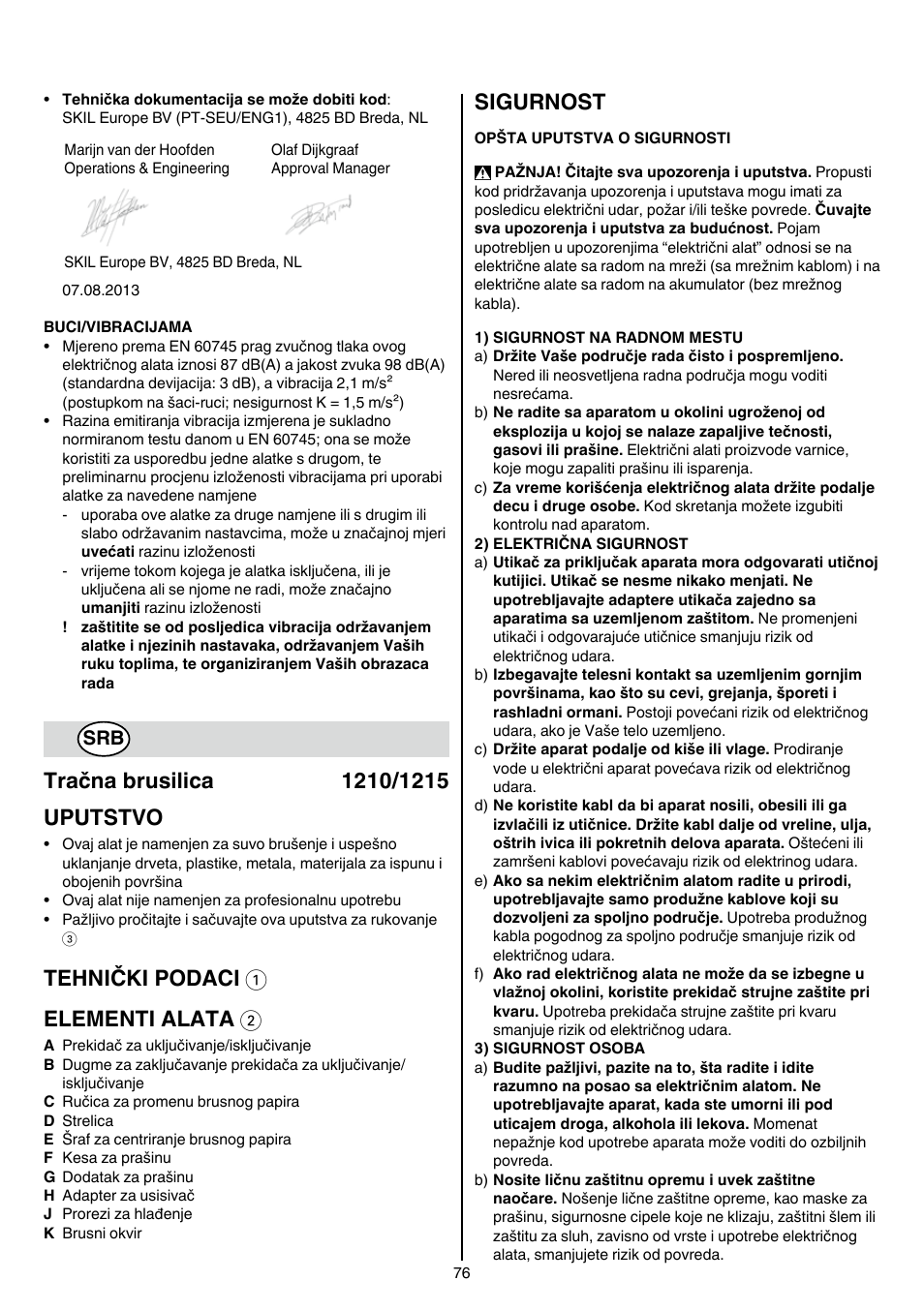 Tehnički podaci 1 elementi alata 2, Sigurnost | Skil 1210 AA User Manual | Page 76 / 108