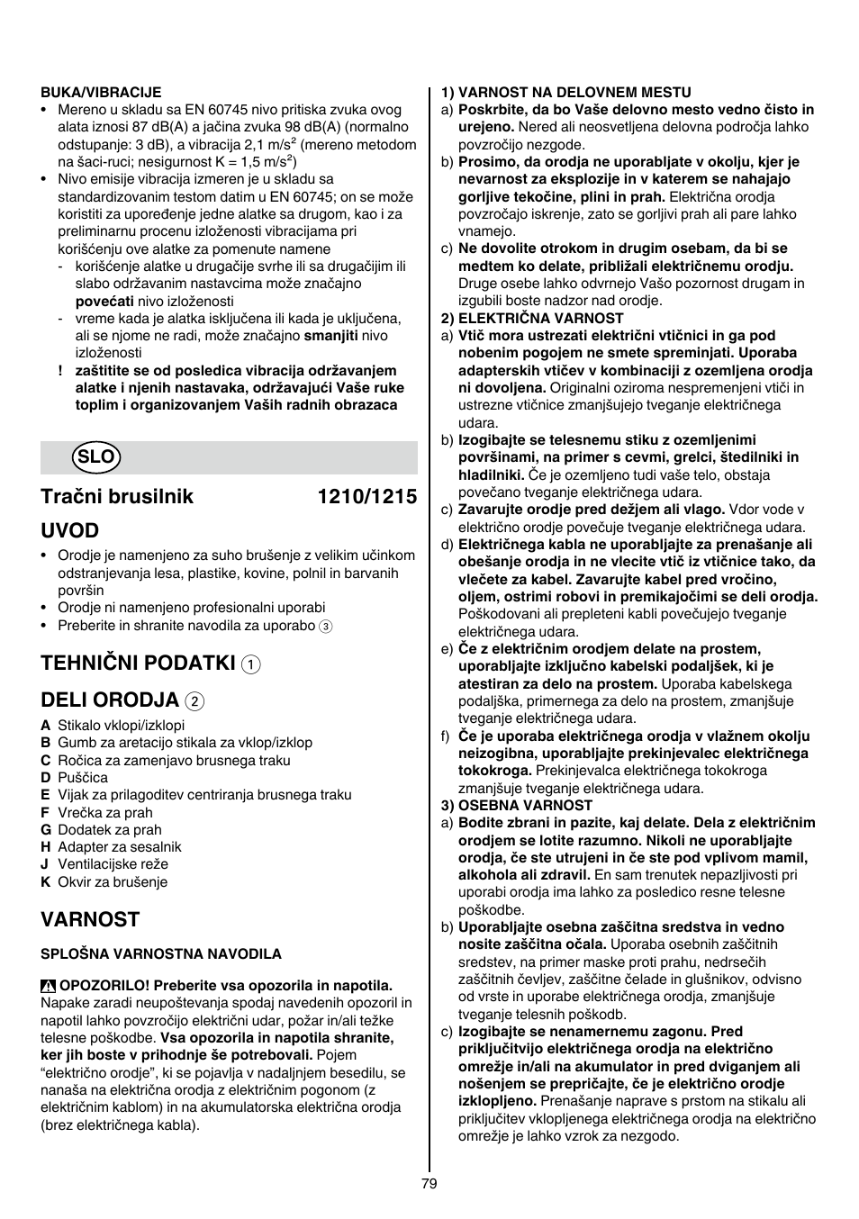 Tehnični podatki 1 deli orodja 2, Varnost | Skil 1210 AA User Manual | Page 79 / 108