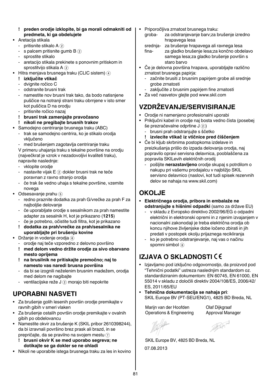 Uporabni nasveti, Vzdrževanje/servisiranje, Okolje | Izjava o skladnosti | Skil 1210 AA User Manual | Page 81 / 108