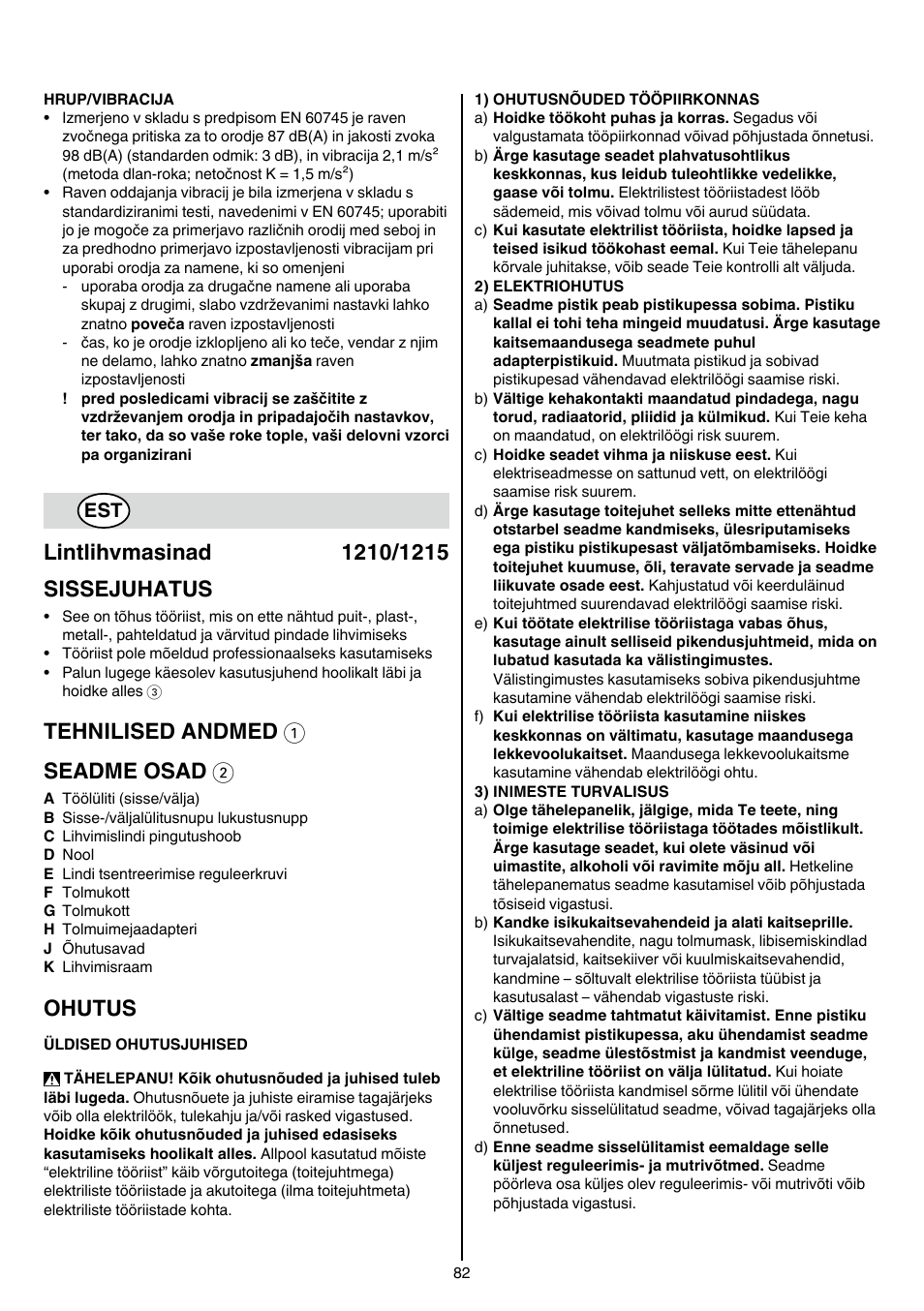 Tehnilised andmed 1 seadme osad 2, Ohutus | Skil 1210 AA User Manual | Page 82 / 108