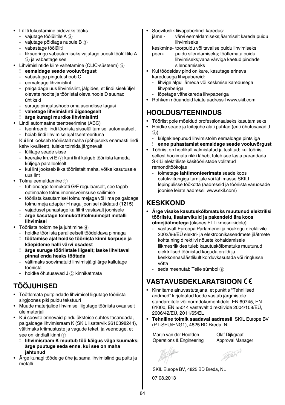 Tööjuhised, Hooldus/teenindus, Keskkond | Vastavusdeklaratsioon | Skil 1210 AA User Manual | Page 84 / 108