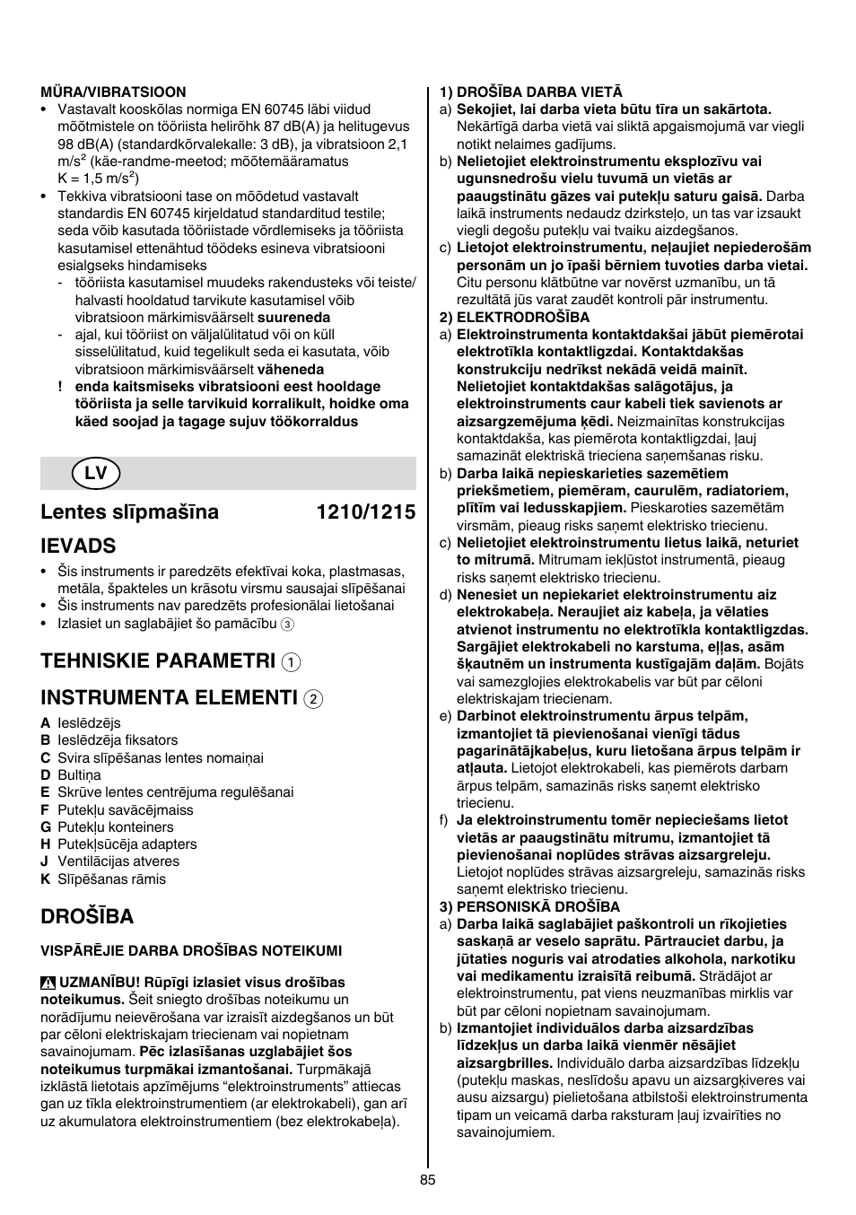 Tehniskie parametri 1 instrumenta elementi 2, Drošība | Skil 1210 AA User Manual | Page 85 / 108