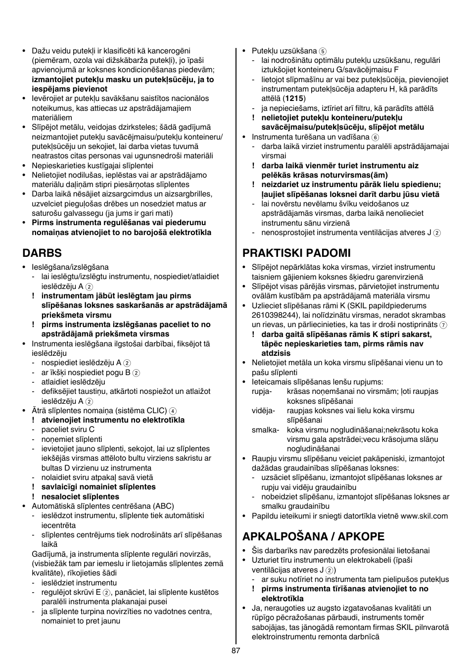 Darbs, Praktiski padomi, Apkalpošana / apkope | Skil 1210 AA User Manual | Page 87 / 108