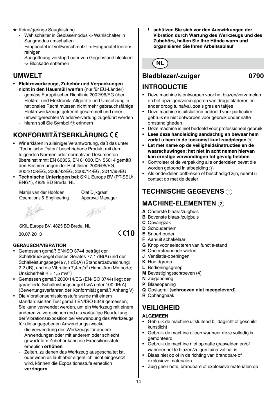 Umwelt, Konformitätserklärung, Bladblazer/-zuiger 0790 introductie | Technische gegevens 1 machine-elementen 2, Veiligheid | Skil 0790 RA User Manual | Page 14 / 100