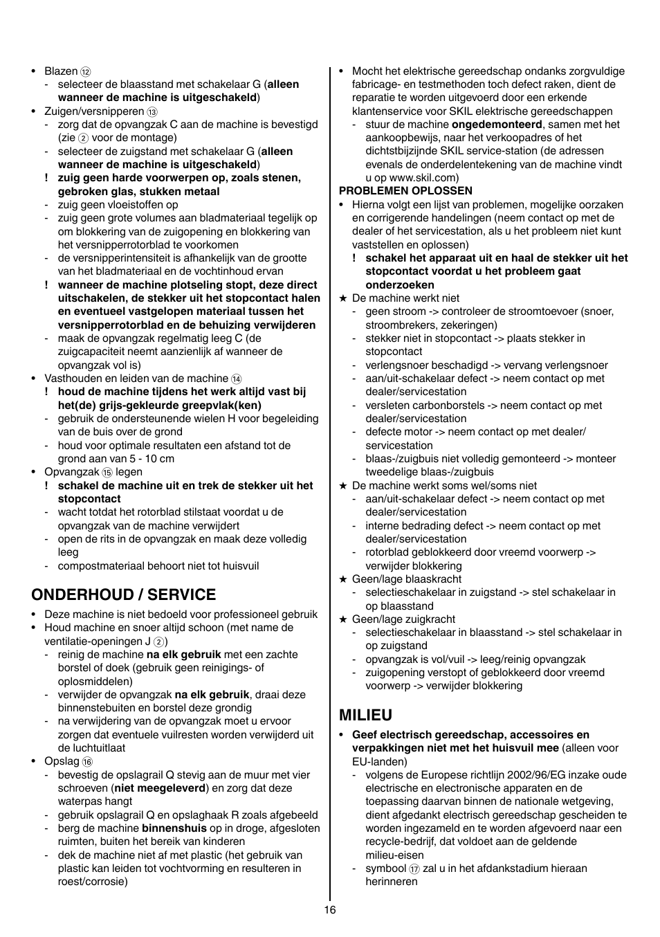 Onderhoud / service, Milieu | Skil 0790 RA User Manual | Page 16 / 100