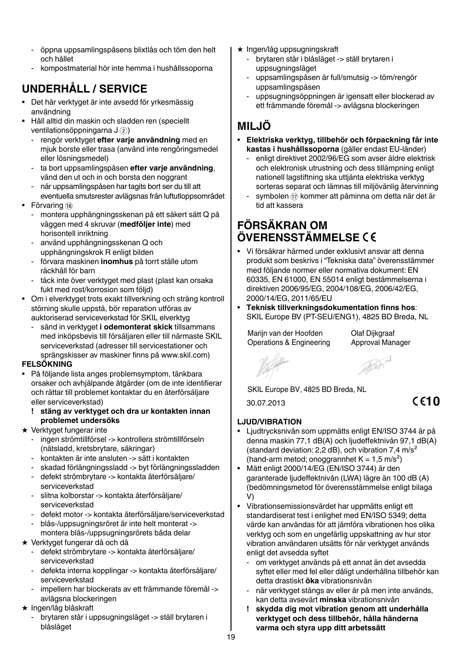 Underhåll / service, Miljö, Försäkran om överensstämmelse | Skil 0790 RA User Manual | Page 19 / 100