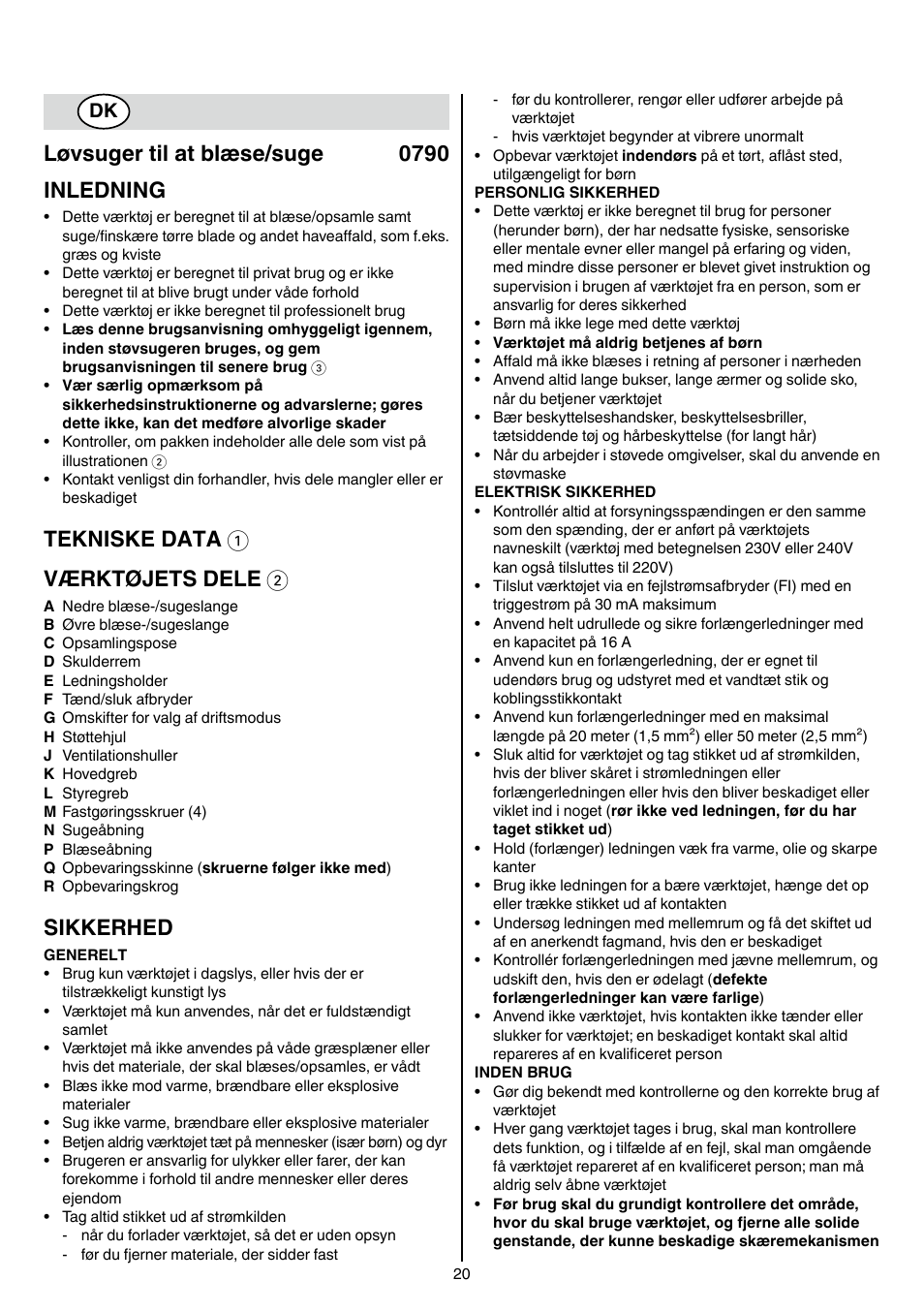 Løvsuger til at blæse/suge 0790 inledning, Tekniske data 1 værktøjets dele 2, Sikkerhed | Skil 0790 RA User Manual | Page 20 / 100