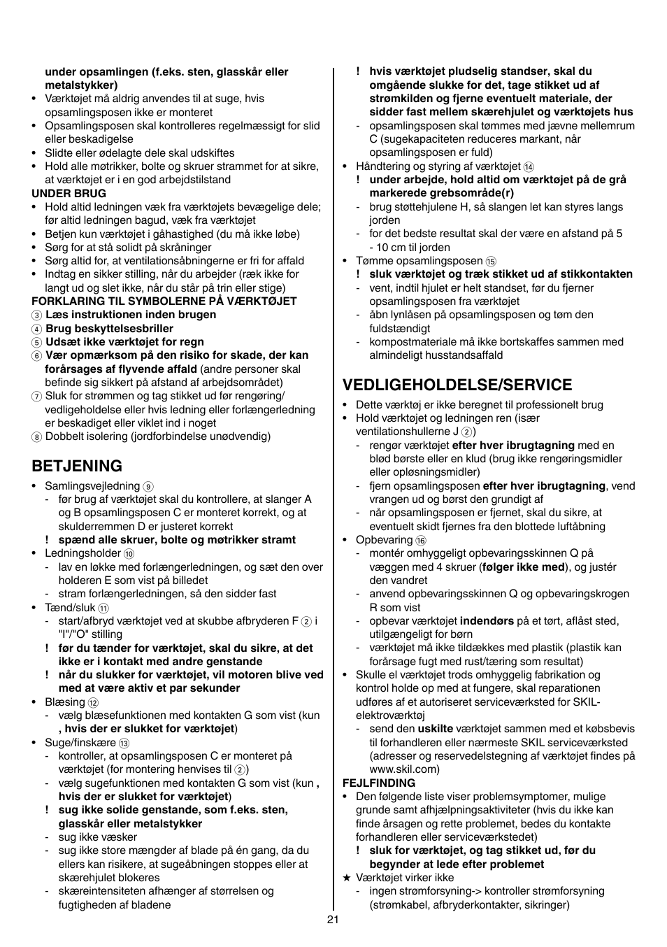Betjening, Vedligeholdelse/service | Skil 0790 RA User Manual | Page 21 / 100