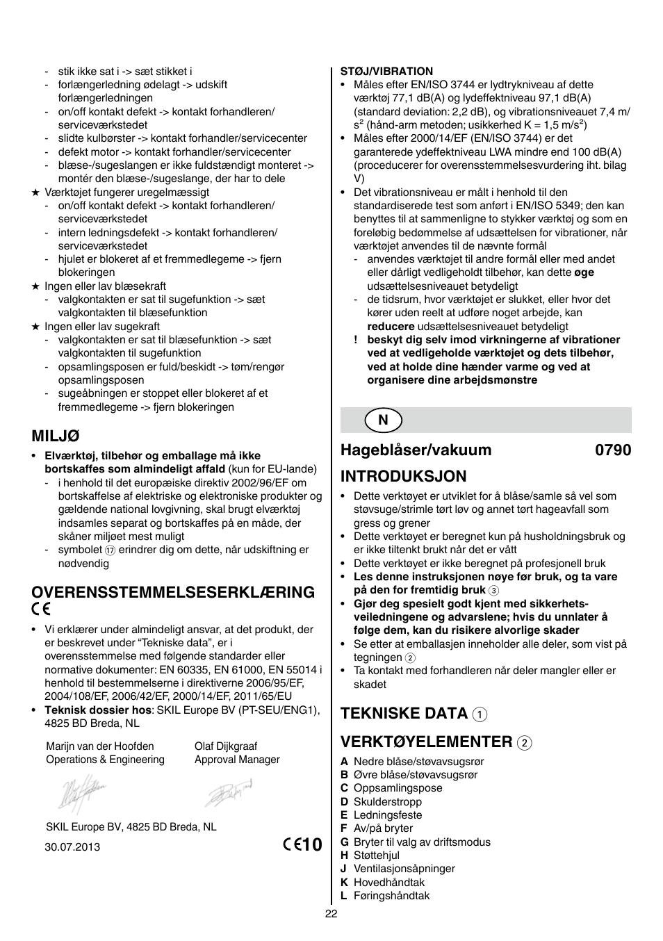 Miljø, Overensstemmelseserklæring, Hageblåser/vakuum 0790 introduksjon | Tekniske data 1 verktøyelementer 2 | Skil 0790 RA User Manual | Page 22 / 100