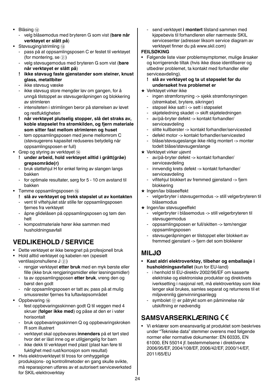 Vedlikehold / service, Miljø, Samsvarserklæring | Skil 0790 RA User Manual | Page 24 / 100
