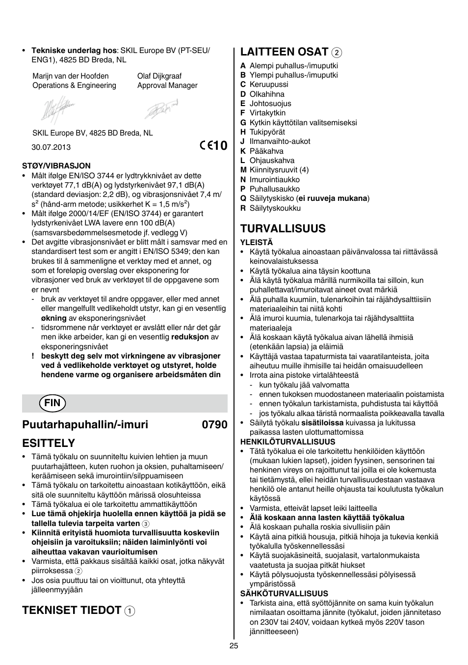 Puutarhapuhallin/-imuri 0790 esittely, Tekniset tiedot 1 laitteen osat 2, Turvallisuus | Skil 0790 RA User Manual | Page 25 / 100