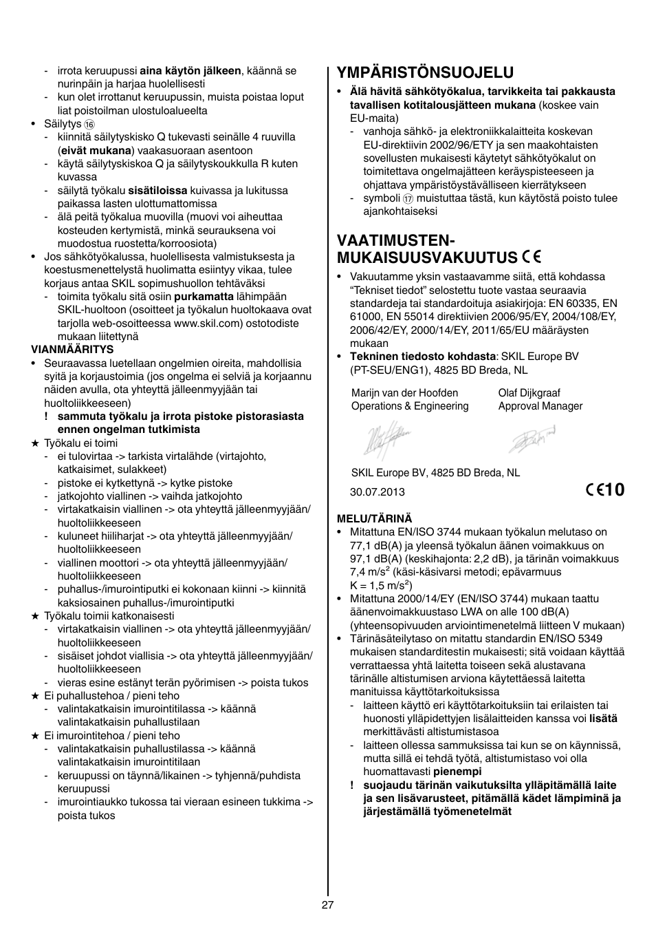 Ympäristönsuojelu, Vaatimusten- mukaisuusvakuutus | Skil 0790 RA User Manual | Page 27 / 100