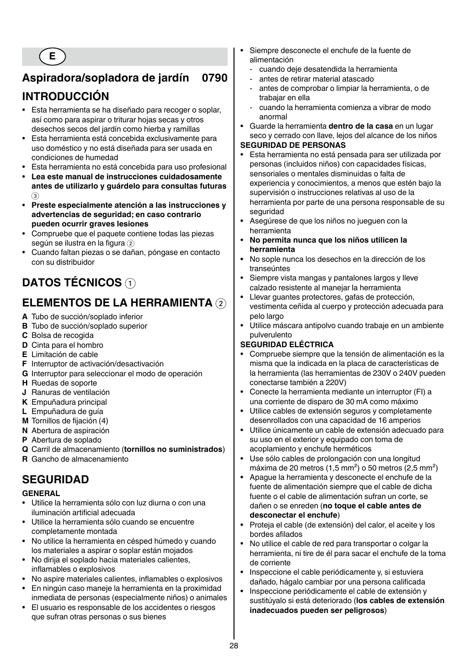 Aspiradora/sopladora de jardín 0790 introducción, Datos técnicos 1 elementos de la herramienta 2, Seguridad | Skil 0790 RA User Manual | Page 28 / 100