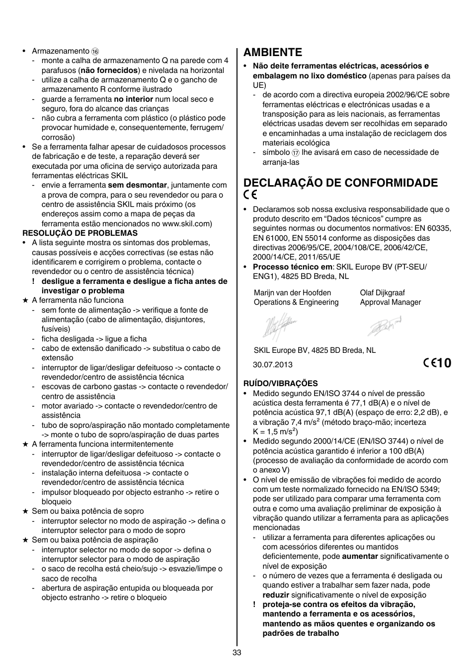 Ambiente, Declaração de conformidade | Skil 0790 RA User Manual | Page 33 / 100