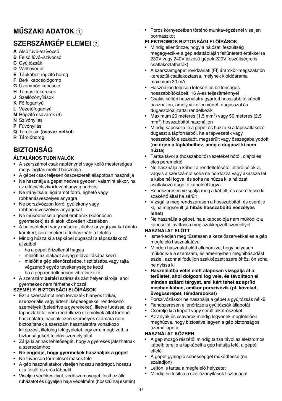 Műszaki adatok 1 szerszámgép elemei 2, Biztonság | Skil 0790 RA User Manual | Page 37 / 100
