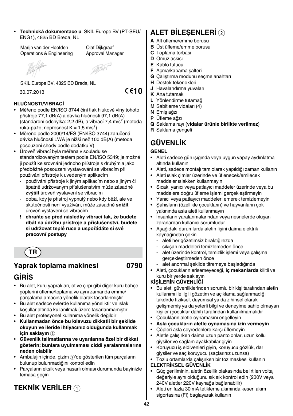 Yaprak toplama makinesi 0790 giris, Teknik veriler 1 alet bileşenleri 2, Güvenlik | Skil 0790 RA User Manual | Page 42 / 100