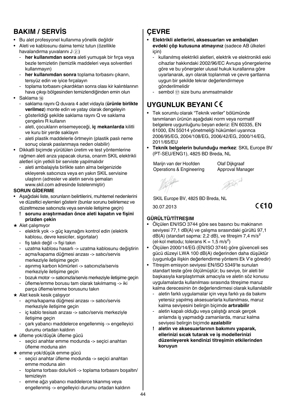 Bakim / servis, Çevre, Uygunluk beyani | Skil 0790 RA User Manual | Page 44 / 100