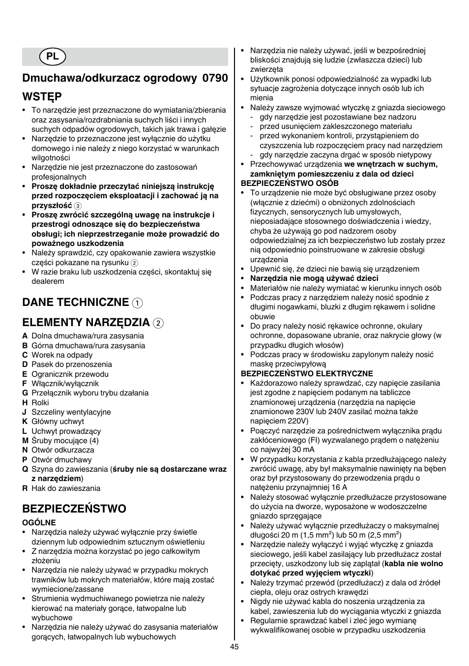Dmuchawa/odkurzacz ogrodowy 0790 wstęp, Dane techniczne 1 elementy narzędzia 2, Bezpieczeństwo | Skil 0790 RA User Manual | Page 45 / 100