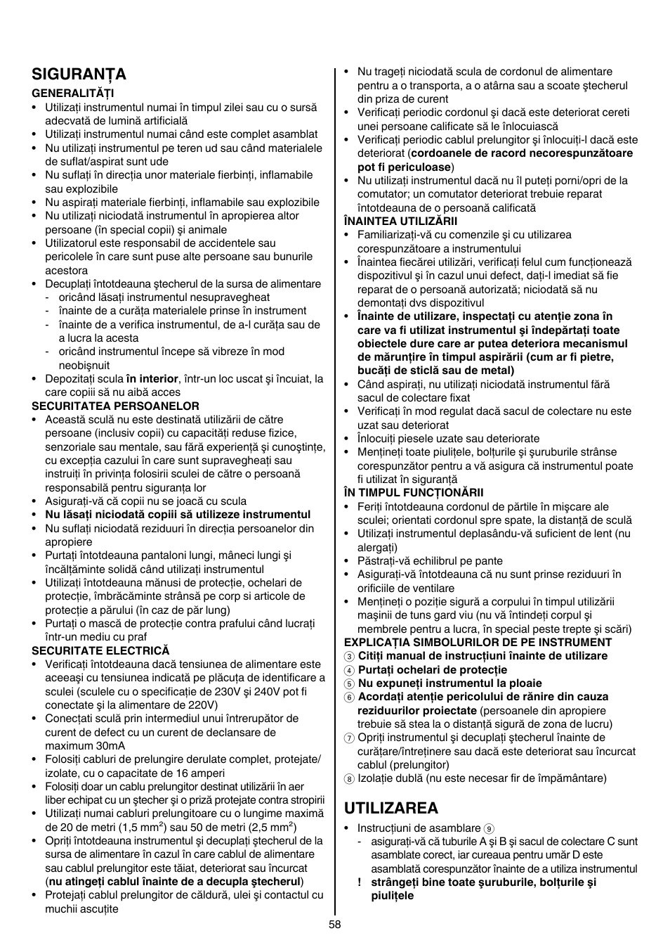 Siguranţa, Utilizarea | Skil 0790 RA User Manual | Page 58 / 100