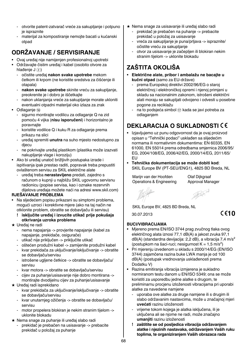 Održavanje / servisiranje, Zaštita okoliša, Deklaracija o sukladnosti | Skil 0790 RA User Manual | Page 68 / 100