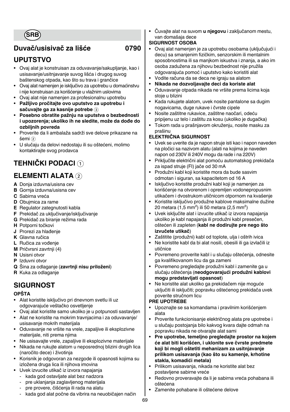 Duvač/usisivač za lišće 0790 uputstvo, Tehnički podaci 1 elementi alata 2, Sigurnost | Skil 0790 RA User Manual | Page 69 / 100