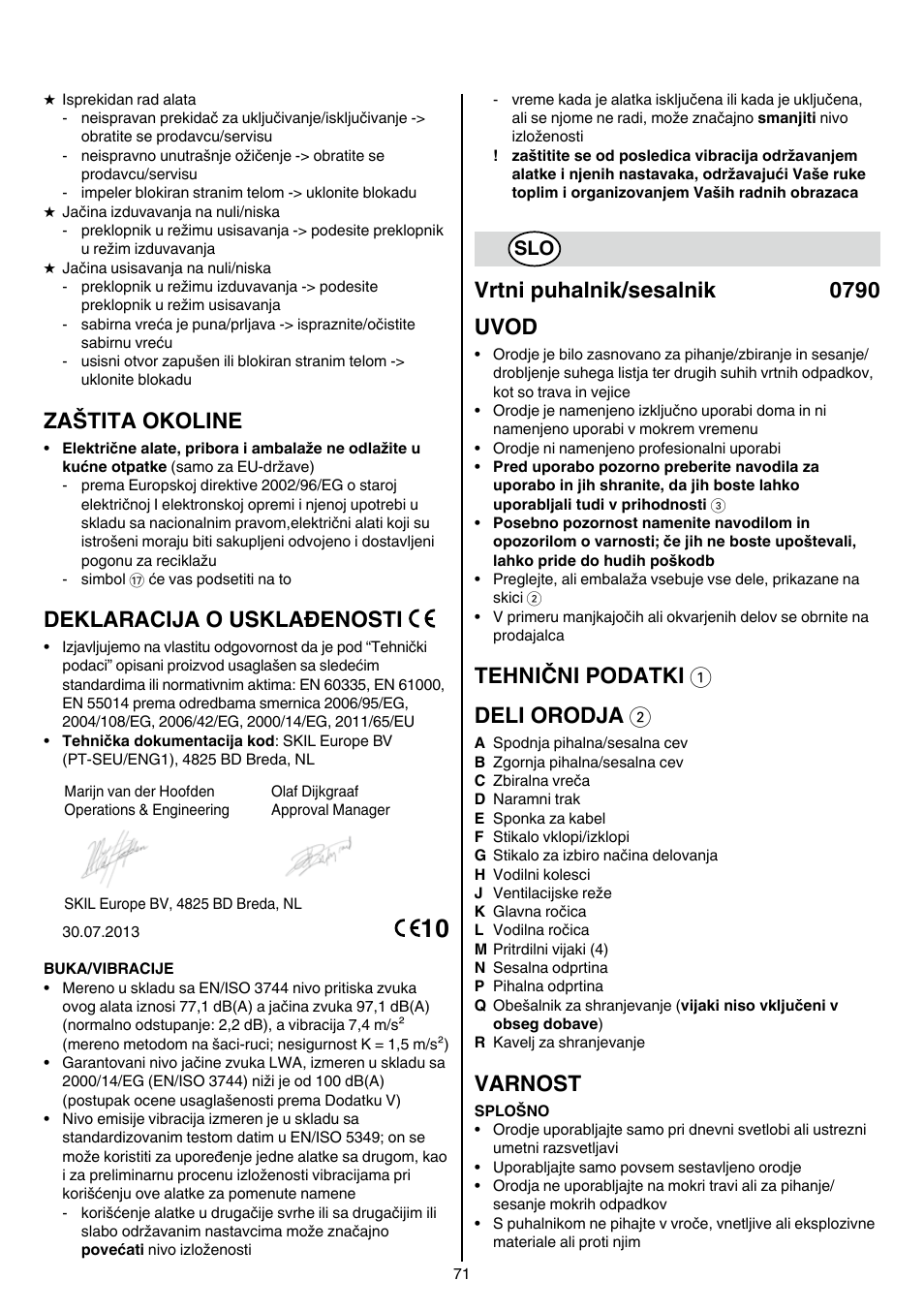 Zaštita okoline, Deklaracija o usklađenosti, Vrtni puhalnik/sesalnik 0790 uvod | Tehnični podatki 1 deli orodja 2, Varnost | Skil 0790 RA User Manual | Page 71 / 100