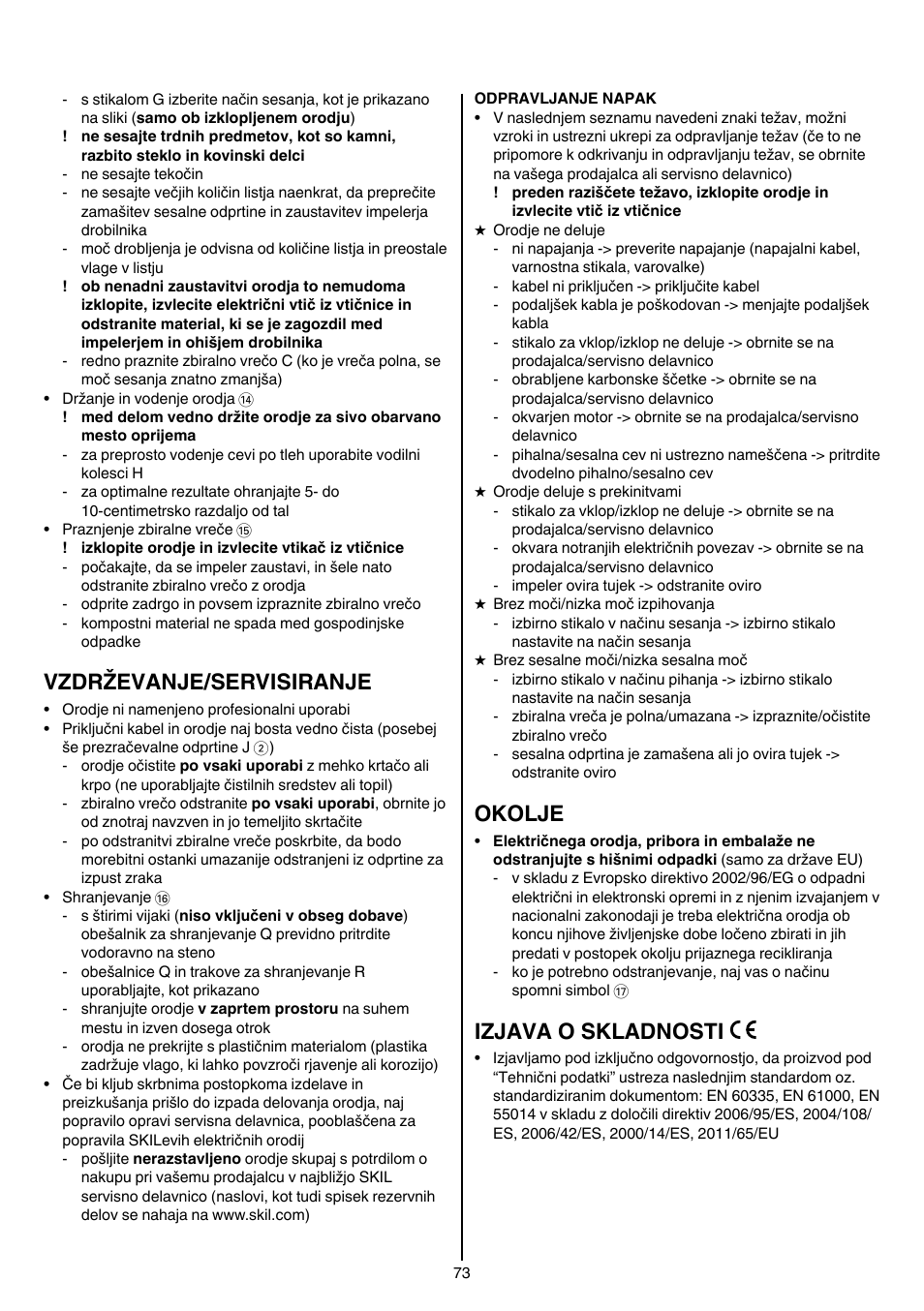 Vzdrževanje/servisiranje, Okolje, Izjava o skladnosti | Skil 0790 RA User Manual | Page 73 / 100