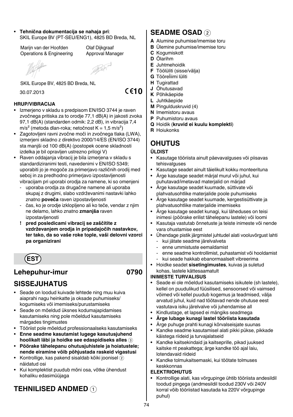 Lehepuhur-imur 0790 sissejuhatus, Tehnilised andmed 1 seadme osad 2, Ohutus | Skil 0790 RA User Manual | Page 74 / 100