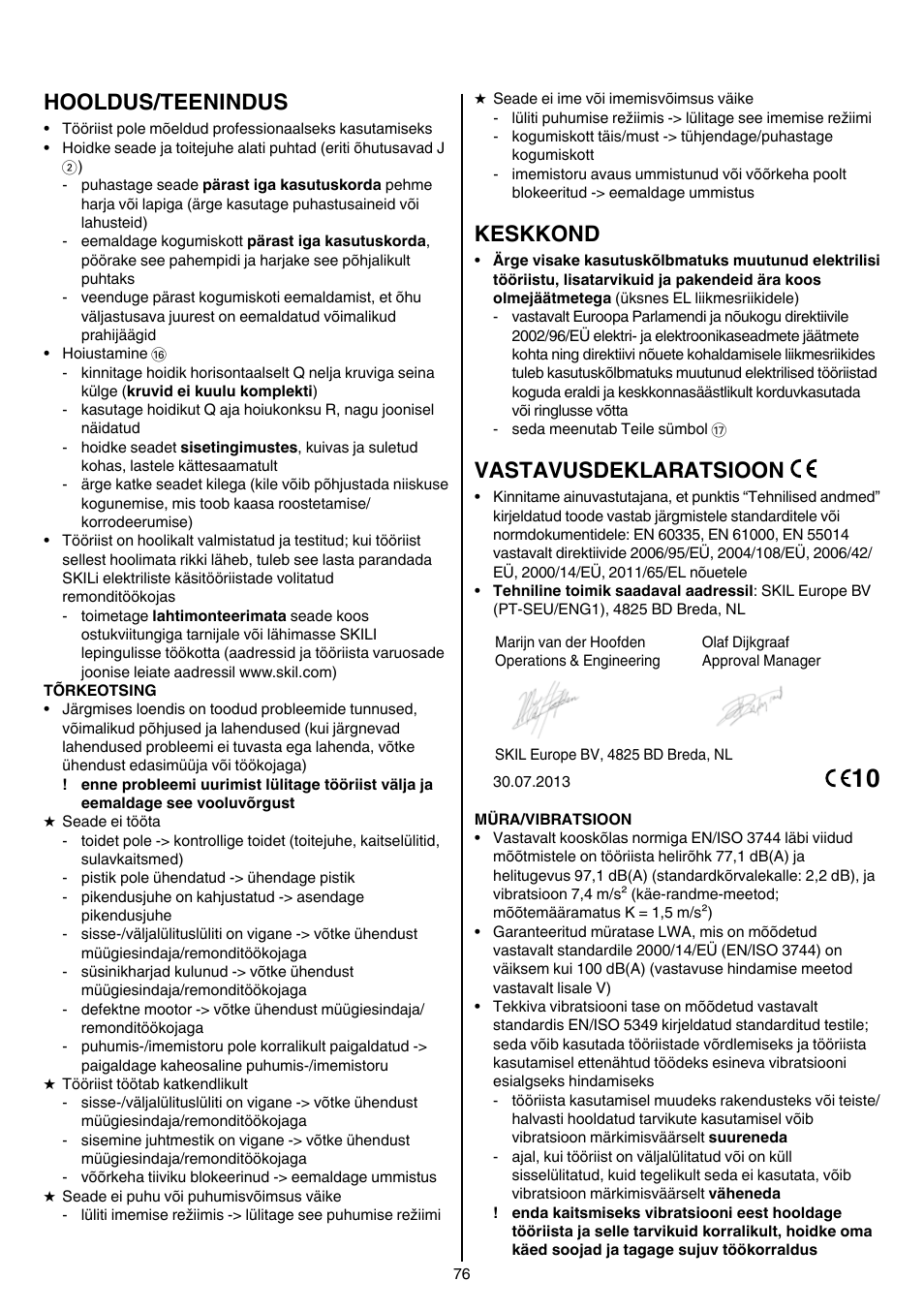 Hooldus/teenindus, Keskkond, Vastavusdeklaratsioon | Skil 0790 RA User Manual | Page 76 / 100