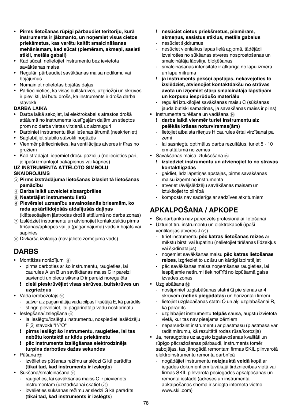Darbs, Apkalpošana / apkope | Skil 0790 RA User Manual | Page 78 / 100