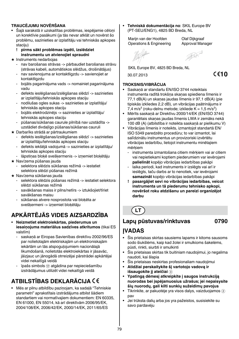 Apkārtējās vides aizsardzība, Atbilstības deklarācija, Lapų pūstuvas/rinktuvas 0790 įvadas | Skil 0790 RA User Manual | Page 79 / 100