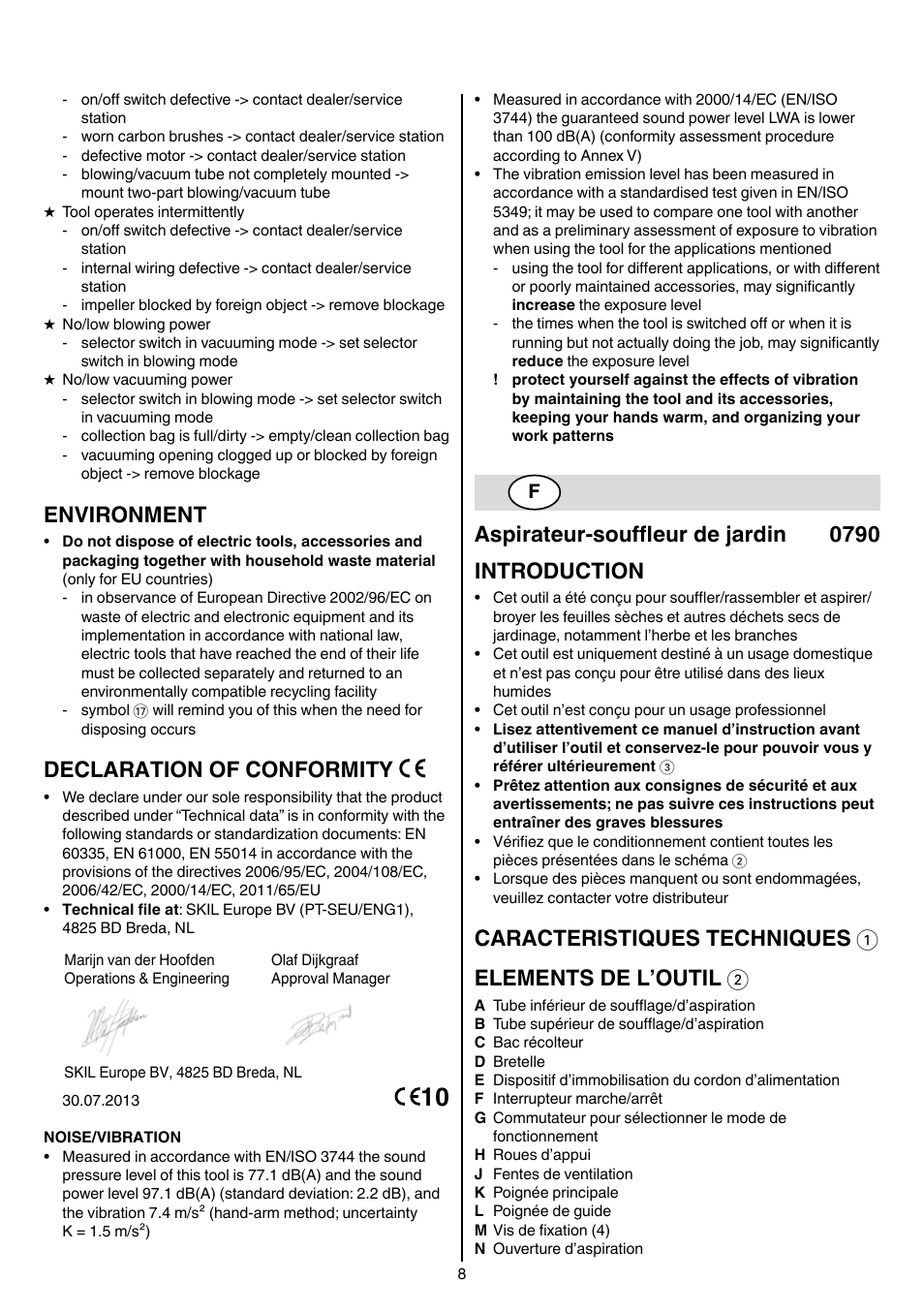 Environment, Declaration of conformity, Aspirateur-souffleur de jardin 0790 introduction | Skil 0790 RA User Manual | Page 8 / 100