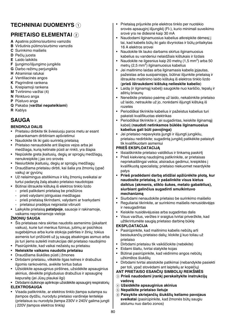 Techniniai duomenys 1 prietaiso elementai 2, Sauga | Skil 0790 RA User Manual | Page 80 / 100