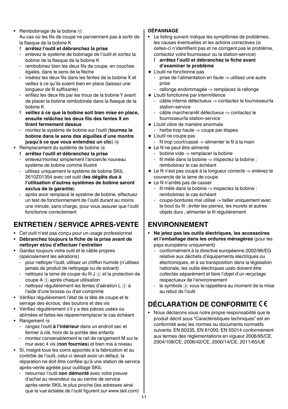 Entretien / service apres-vente, Environnement, Déclaration de conformite | Skil 0730 RA User Manual | Page 11 / 112