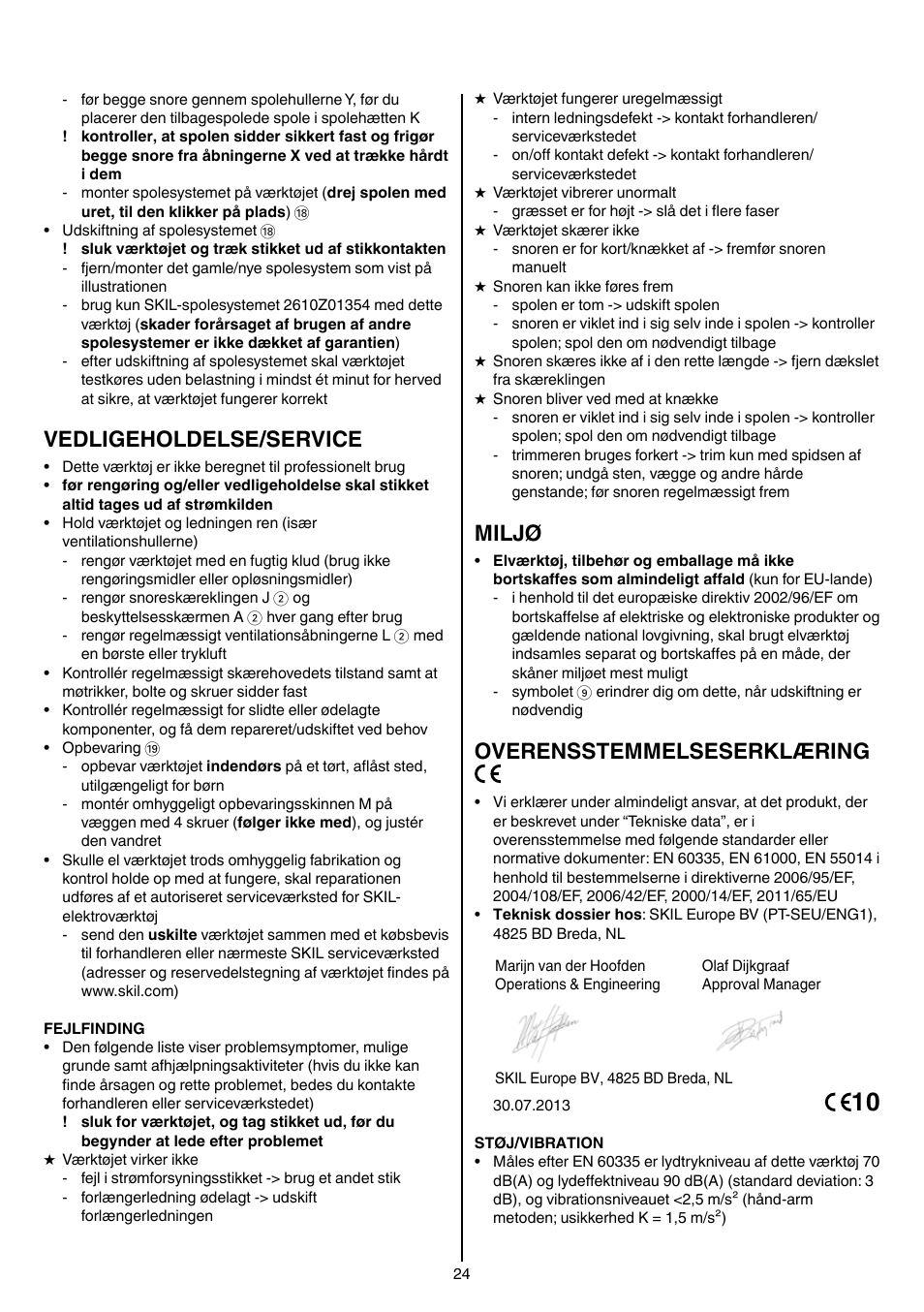 Vedligeholdelse/service, Miljø, Overensstemmelseserklæring | Skil 0730 RA User Manual | Page 24 / 112