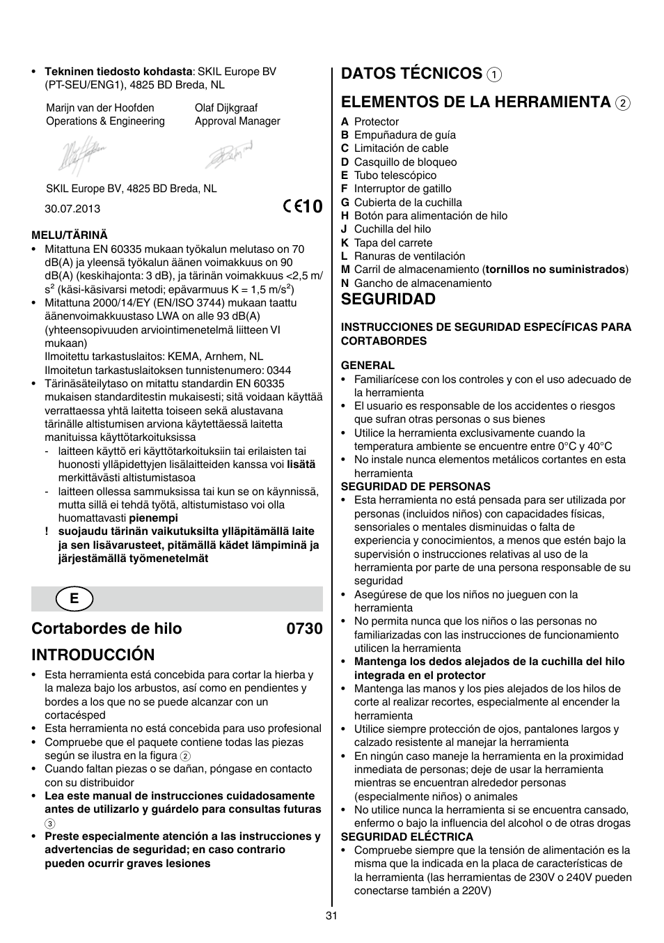 Cortabordes de hilo 0730 introducción, Datos técnicos 1 elementos de la herramienta 2, Seguridad | Skil 0730 RA User Manual | Page 31 / 112