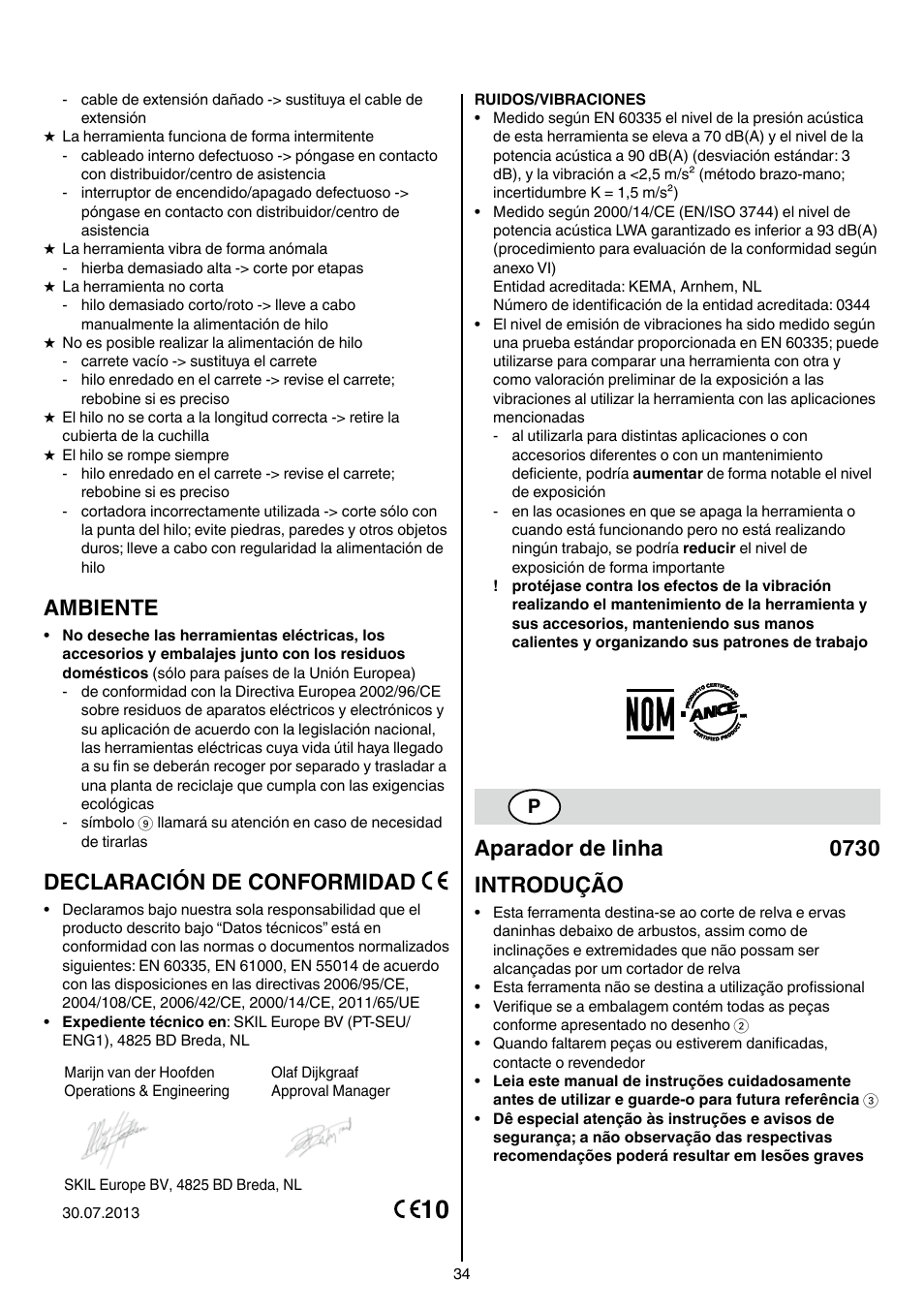 Ambiente, Declaración de conformidad, Aparador de linha 0730 introdução | Skil 0730 RA User Manual | Page 34 / 112