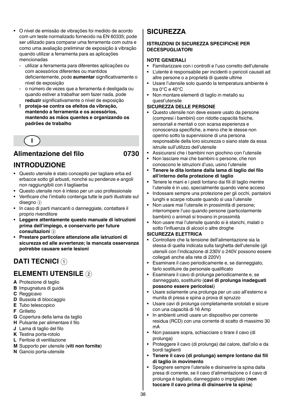 Alimentazione del filo 0730 introduzione, Dati tecnici 1 elementi utensile 2, Sicurezza | Skil 0730 RA User Manual | Page 38 / 112