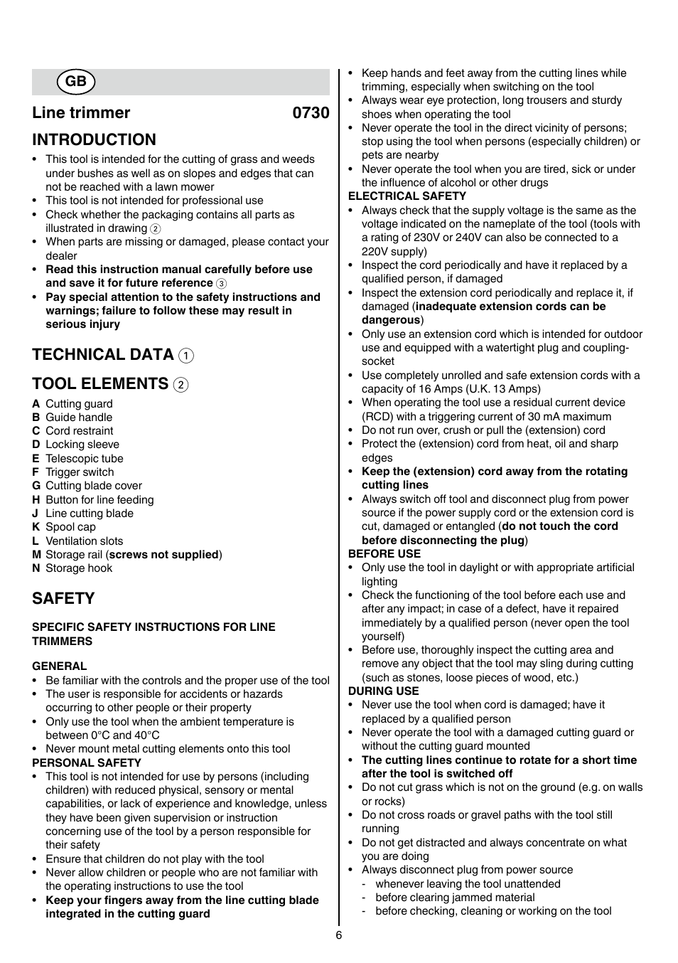 Line trimmer 0730 introduction, Technical data 1 tool elements 2, Safety | Skil 0730 RA User Manual | Page 6 / 112