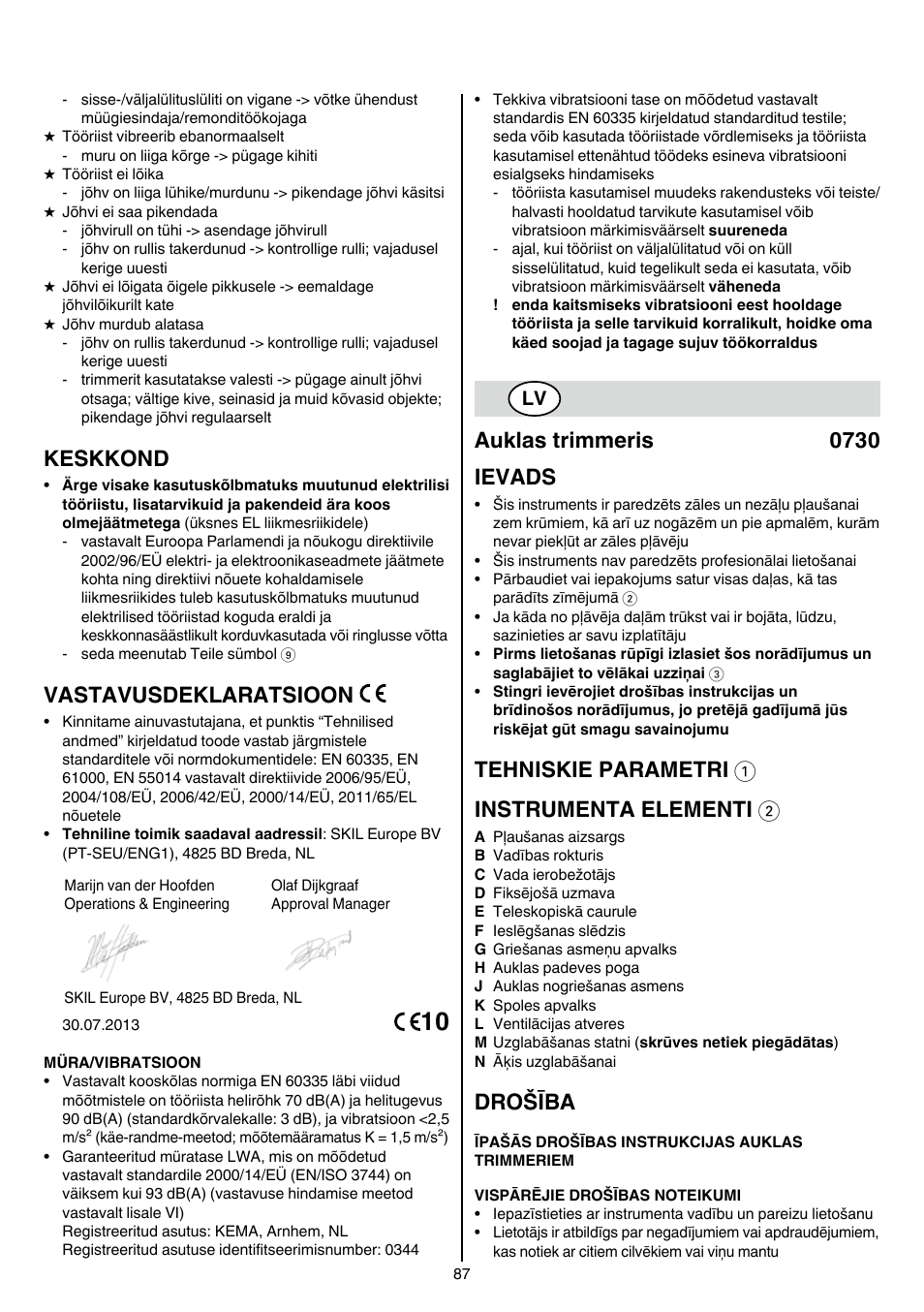 Keskkond, Vastavusdeklaratsioon, Auklas trimmeris 0730 ievads | Tehniskie parametri 1 instrumenta elementi 2, Drošība | Skil 0730 RA User Manual | Page 87 / 112
