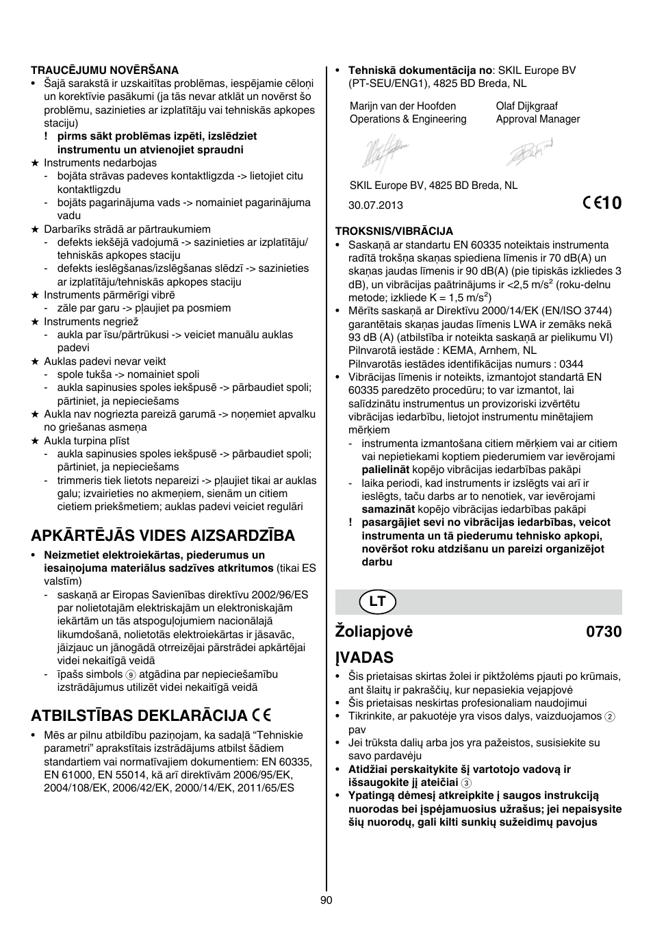 Apkārtējās vides aizsardzība, Atbilstības deklarācija, Žoliapjovė 0730 įvadas | Skil 0730 RA User Manual | Page 90 / 112
