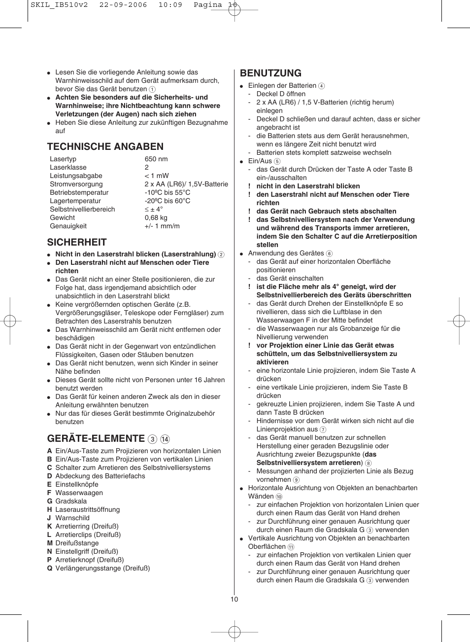 Technische angaben, Sicherheit, Geräte-elemente 3 | Benutzung | Skil 0510 AB User Manual | Page 10 / 48