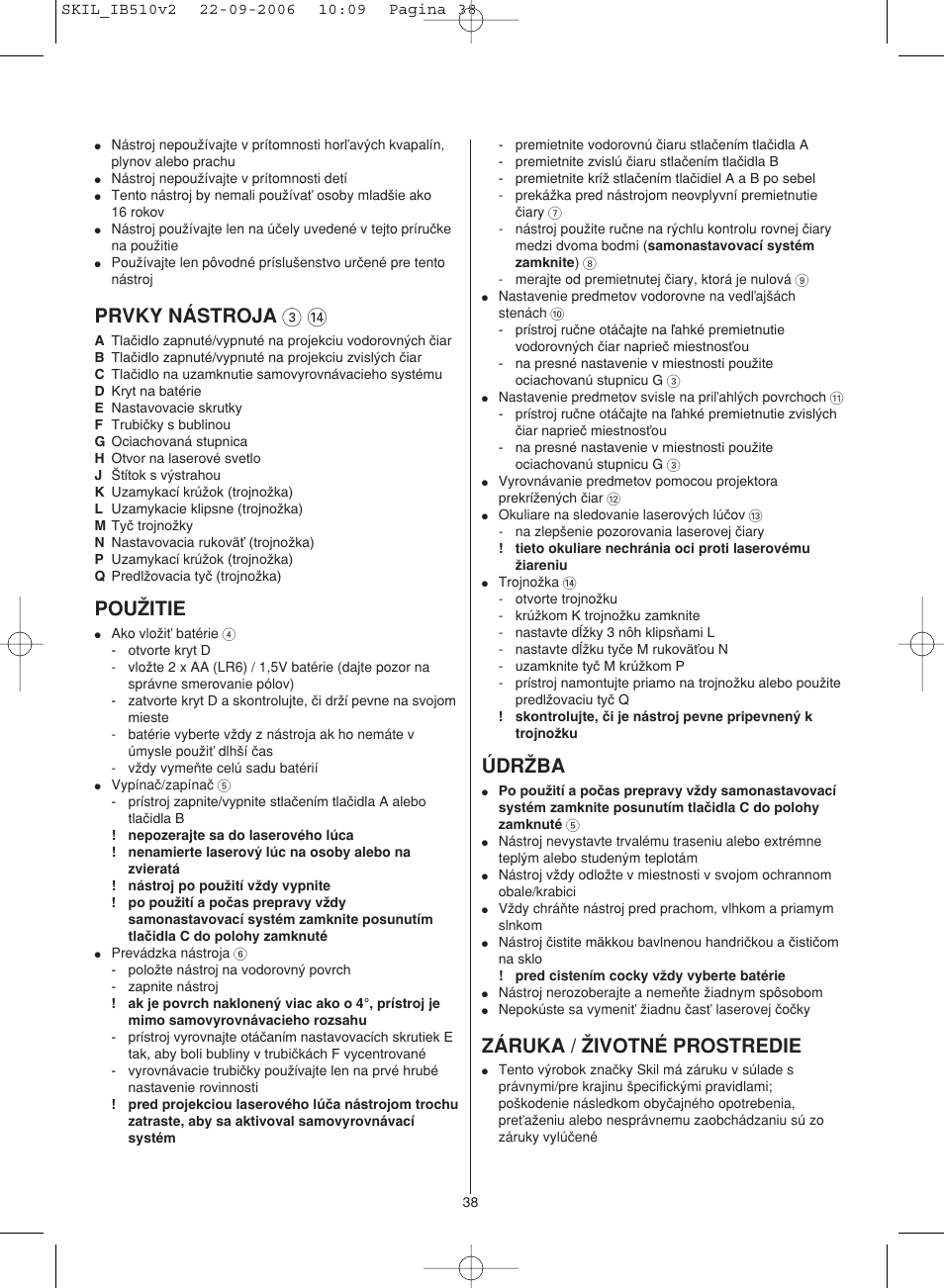 Prvky nástroja 3, Pouˇitie, Údrˇba | Záruka / ˇivotné prostredie | Skil 0510 AB User Manual | Page 38 / 48