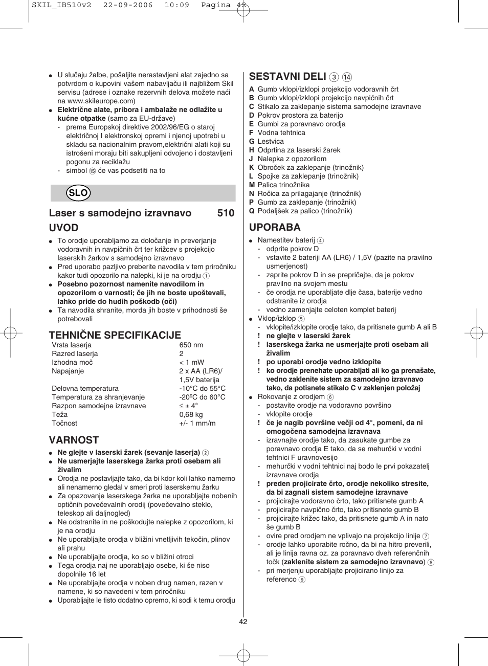 Laser s samodejno izravnavo 510 uvod, Tehniâne specifikacije, Varnost | Sestavni deli 3, Uporaba | Skil 0510 AB User Manual | Page 42 / 48