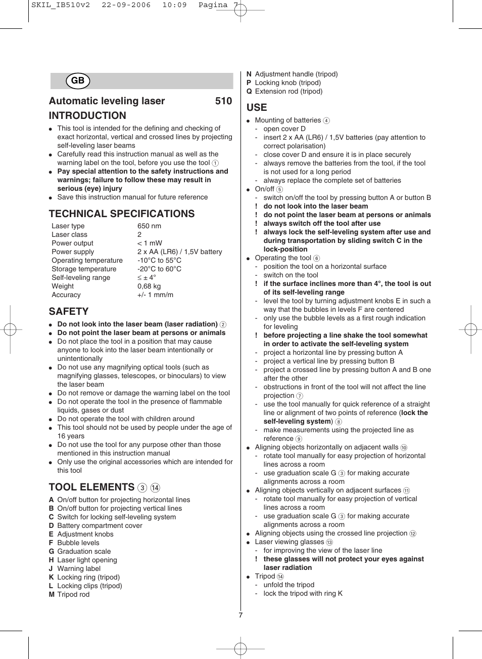 Automatic leveling laser 510 introduction, Technical specifications, Safety | Tool elements 3 | Skil 0510 AB User Manual | Page 7 / 48