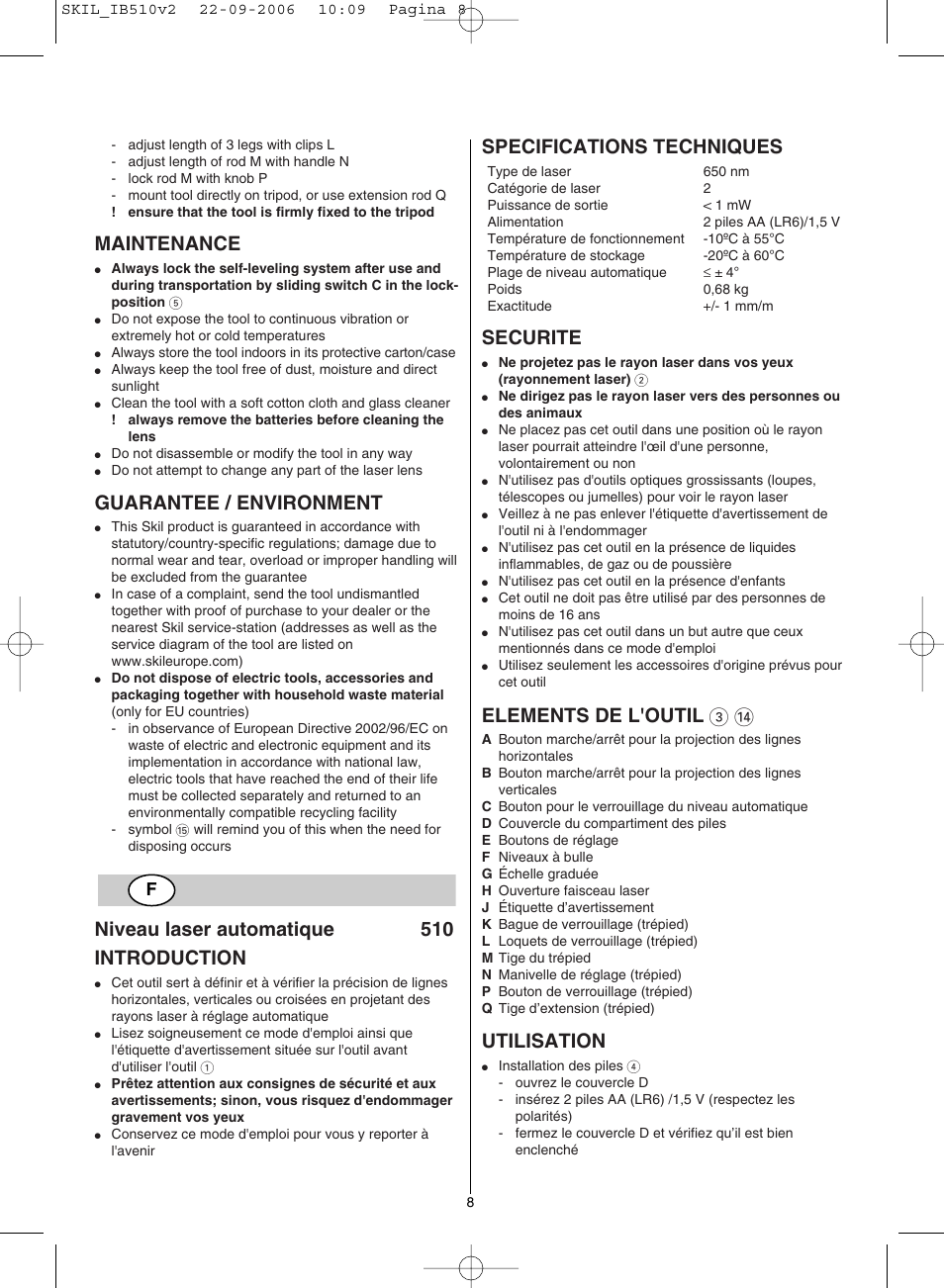 Maintenance, Guarantee / environment, Niveau laser automatique 510 introduction | Specifications techniques, Securite, Elements de l'outil 3, Utilisation | Skil 0510 AB User Manual | Page 8 / 48