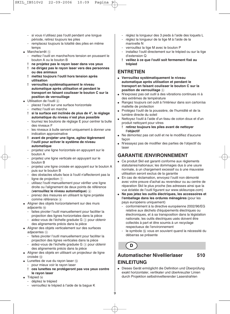 Entretien, Garantie /environnement, Automatischer nivellierlaser 510 einleitung | Skil 0510 AB User Manual | Page 9 / 48