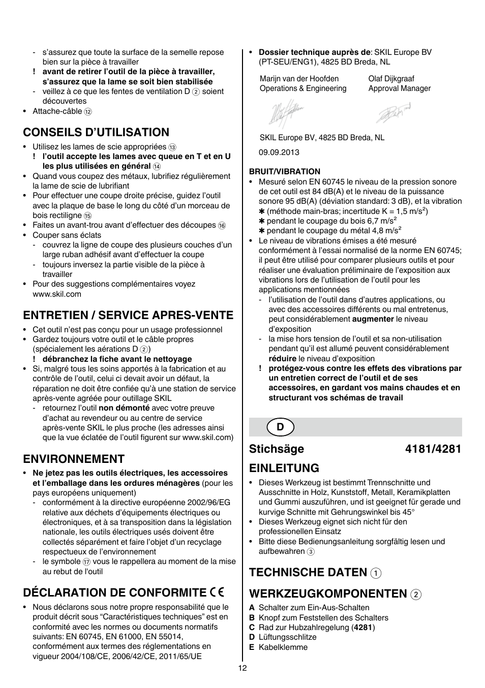 Conseils d’utilisation, Entretien / service apres-vente, Environnement | Déclaration de conformite, Technische daten 1 werkzeugkomponenten 2 | Skil 4181 AA User Manual | Page 12 / 104