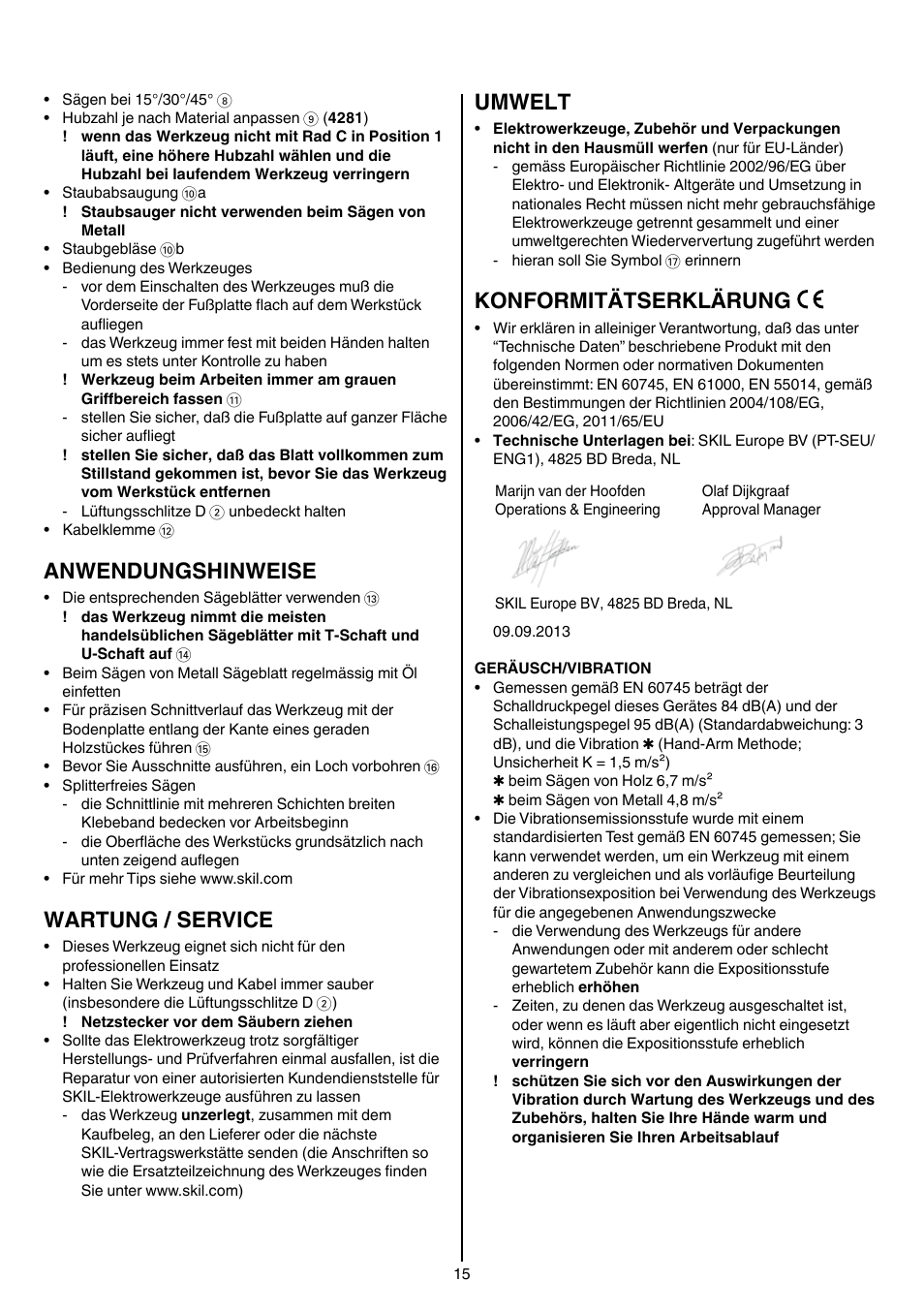 Anwendungshinweise, Wartung / service, Umwelt | Konformitätserklärung | Skil 4181 AA User Manual | Page 15 / 104