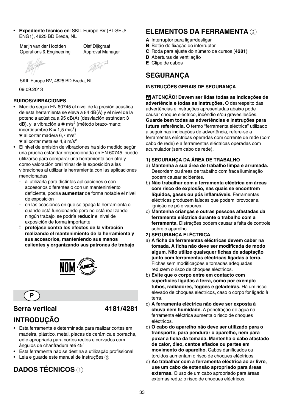 Dados técnicos 1 elementos da ferramenta 2, Segurança | Skil 4181 AA User Manual | Page 33 / 104